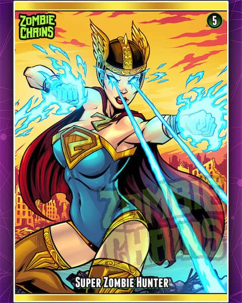 A super heroine shooting blue lasers from her eyes.
Artwork by Brian Allen, Flyland Designs