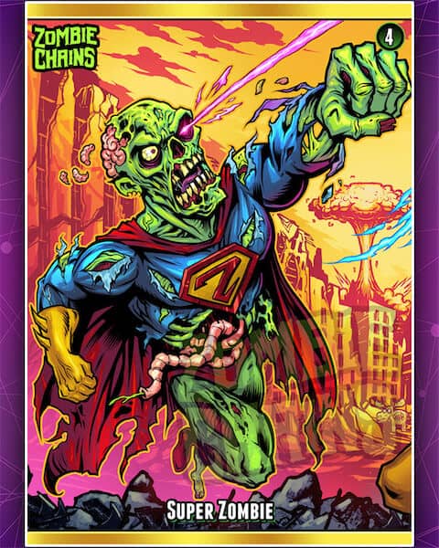 Zombie Super Man flying through the air shooting a laser beam from his eye.
Artwork by Brian Allen, Flyland Designs