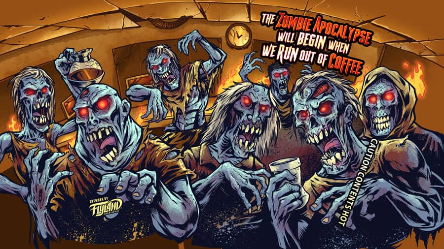 Zombie coffee cup design featuring a mob of zombies, text above reads "The zombie apocalypse will begin when we reun out of coffee"
Drawn by artist Brian Allen
