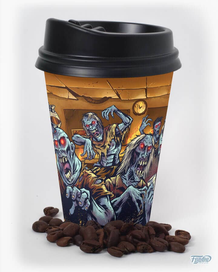 Zombie coffee cup design featuring a mob of zombies, drawn by artist Brian Allen