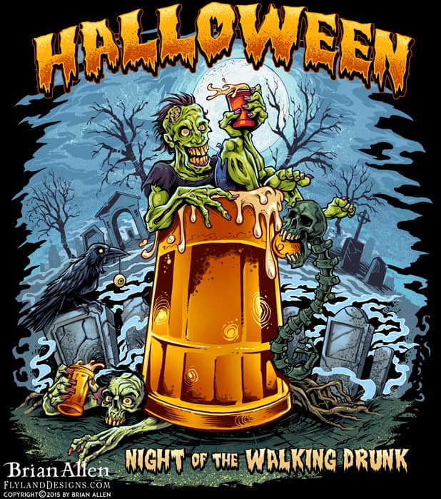 Zombie in graveyard drinking a beer sitting in giant beer mug for halloween t-shirt.