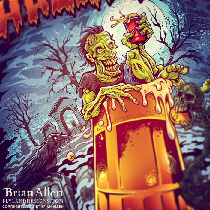 Zombie in graveyard drinking a beer sitting in giant beer mug for halloween t-shirt.