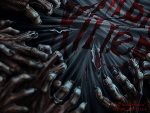 T-Shirt illustration of Zombie Hands in the moonlight for Spiral Direct