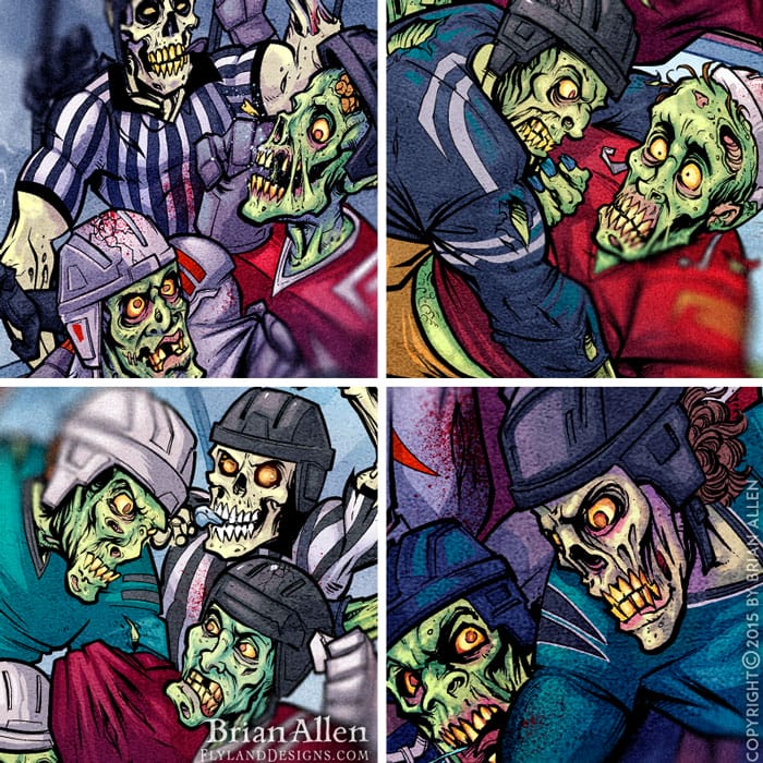 Hockey fight of ghouls and zombies for a halloween themed website background I illustrated for 2BC Sports’ website