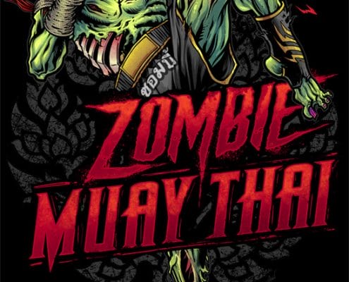 A logo design featuring a green zombie mar thai character with a cool headband and basketball shorts practicing his moves.