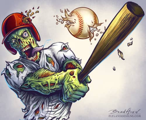 Illustration of a zombie baseball player swinging a bat