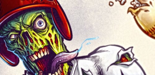 Illustration of a zombie baseball player swinging a bat