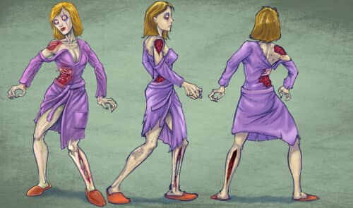 Zombie character turn-arounds of a man, woman, boy, and girl