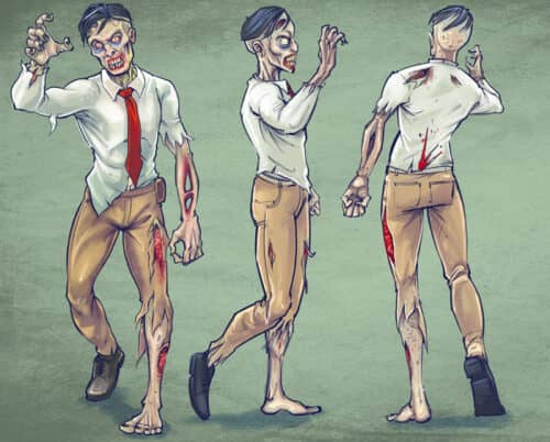 Zombie character turn-arounds of a man, woman, boy, and girl