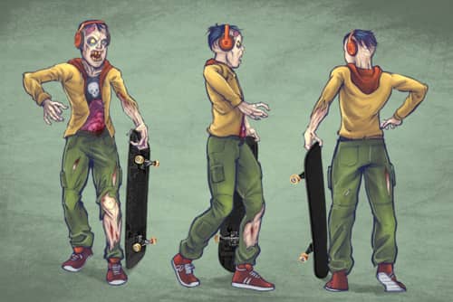 Zombie character turn-arounds of a man, woman, boy, and girl