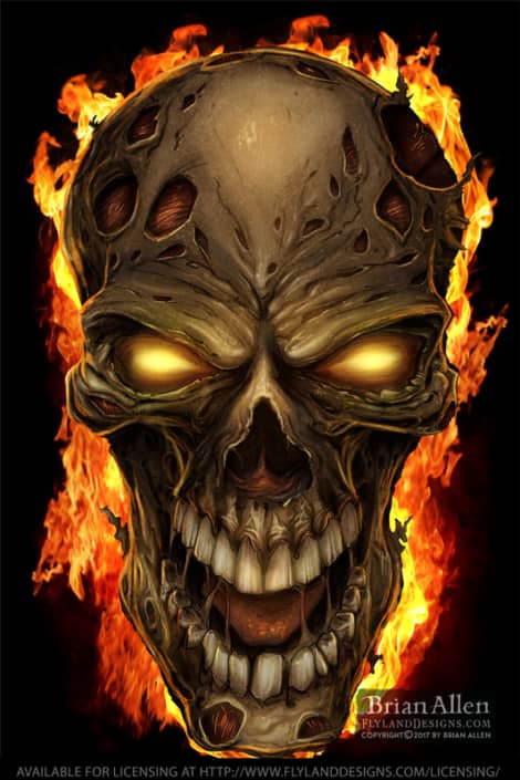 Zombie skull grinning on fire wi