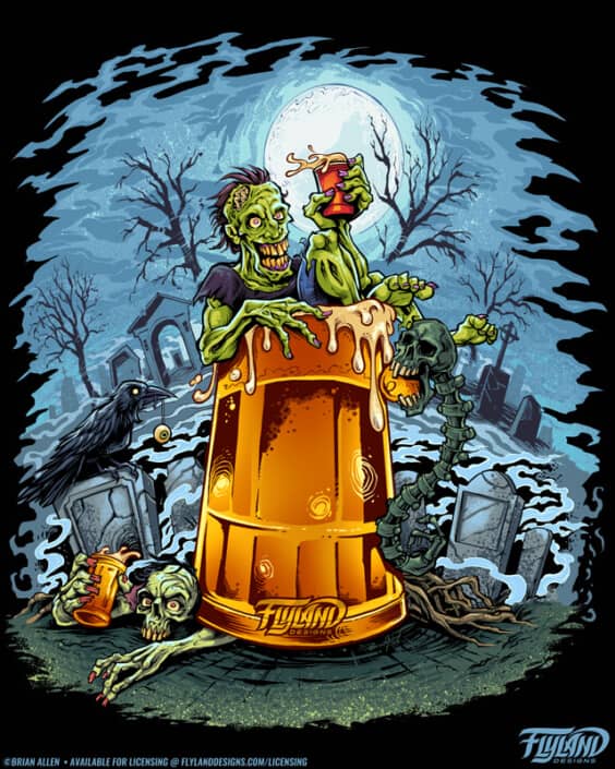 A green zombie sits in an orange beer stein in the middle of a cemetary. Illustration by Brian Allen.