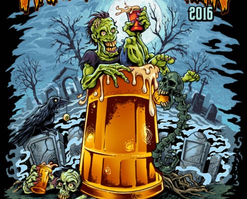 T-Shirt design I create for Bar Rags, featuring a drunk zombie lounging inside a giant beer mug in a graveyard, titled “Night of the Walking Drunk.” I had a lot of fun with this design, playing with a creepy, but light-hearted style. We created this ju