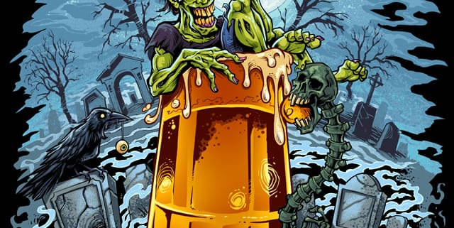 T-Shirt design I create for Bar Rags, featuring a drunk zombie lounging inside a giant beer mug in a graveyard, titled “Night of the Walking Drunk.” I had a lot of fun with this design, playing with a creepy, but light-hearted style. We created this ju