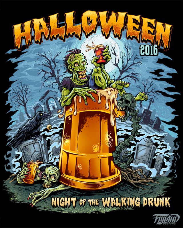 T-Shirt design I create for Bar Rags, featuring a drunk zombie lounging inside a giant beer mug in a graveyard, titled “Night of the Walking Drunk.” I had a lot of fun with this design, playing with a creepy, but light-hearted style.
