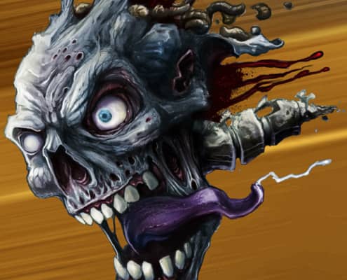 Digital painting of a decapitated zombie head for a dirtbike graphic.