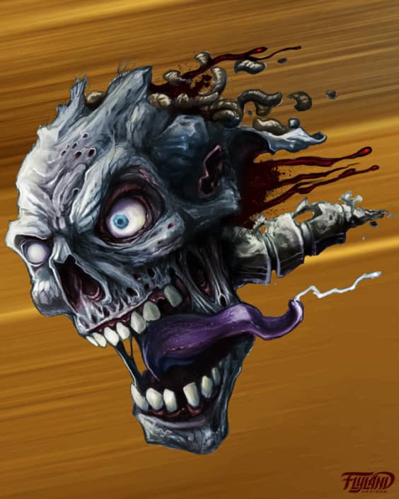 Digital painting of a decapitated zombie head for a dirtbike graphic.