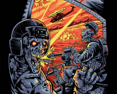 Military Zombies in the midst of a massive war. Flying through the sky in their helicopter shooting down enemy forces.