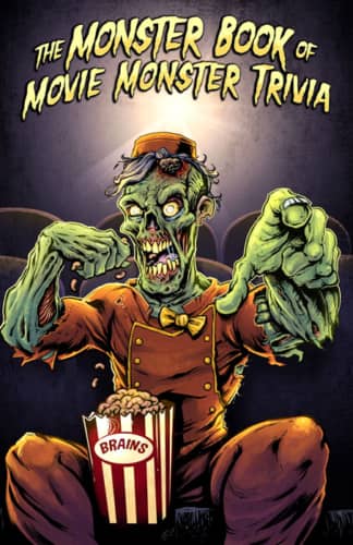 Book cover illustration of a zombie usher eating a box of buttered brains in a movie theater.