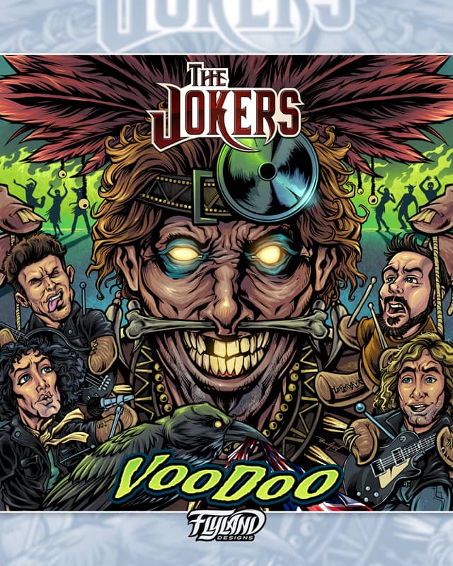 Album cover illustration I created for the UK-based rock band The Jokers for their newest album “Voodoo,” illustrating an evil witchdoctor holding voodoo doll likenesses of each member of the band.