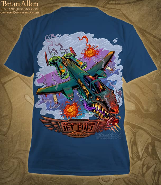 T-Shirt of a A-10 Thunderbolt warplane in a dogfight for Jet Fuel marijuana strain