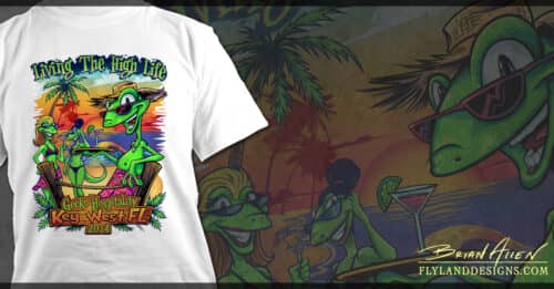 T-Shirt illustration of gecko cartoon characters on the beach