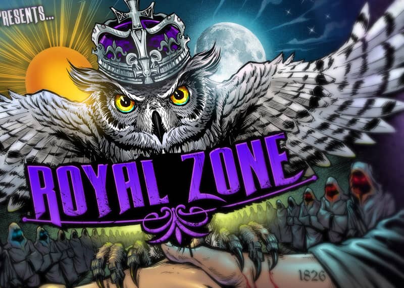 Detail shot of A large white owl with serious yellow eyes, wearing a purple crown with its wings spread over two shaking hands. The owl's talons are embedded into the skin of the hands and the hands are flanked by people wearing black hooded cloaks, the people on the left have glowing blue eyes and the people on the right have glowing blue eyes. Text reads "Royal Zone Order of the Owl"
Artwork by Brian Allen, Flyland Designs