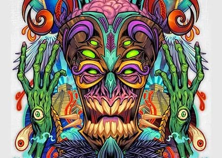 colorful psychedelic tiki creature trippy mushrooms eyes