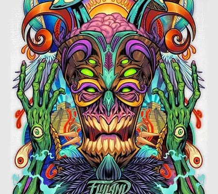 colorful psychedelic tiki creature trippy mushrooms eyes