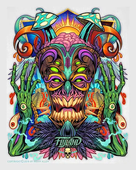 colorful psychedelic tiki creature trippy mushrooms eyes