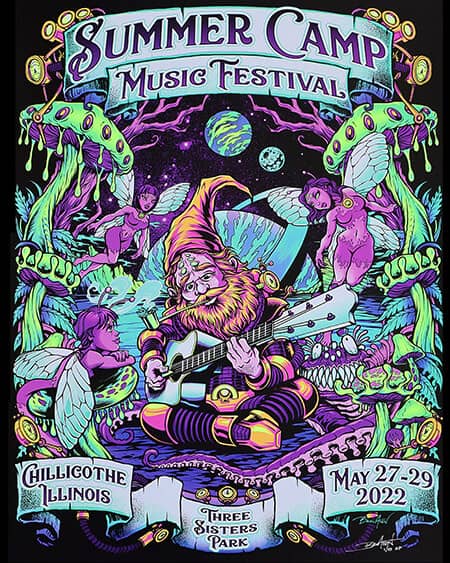 A design that I created for the Summer Camp Music Festival of a brightly colored enchanted forest with a gnome playing guitar for some fairies while being surrounded by mushrooms, tentacles, and planets.